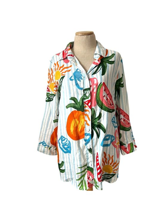 Calypso St. Barth Tops - Calypso St. Barth Women's Sz M Fruit Print Linen Blend Button-Down Shirt Top